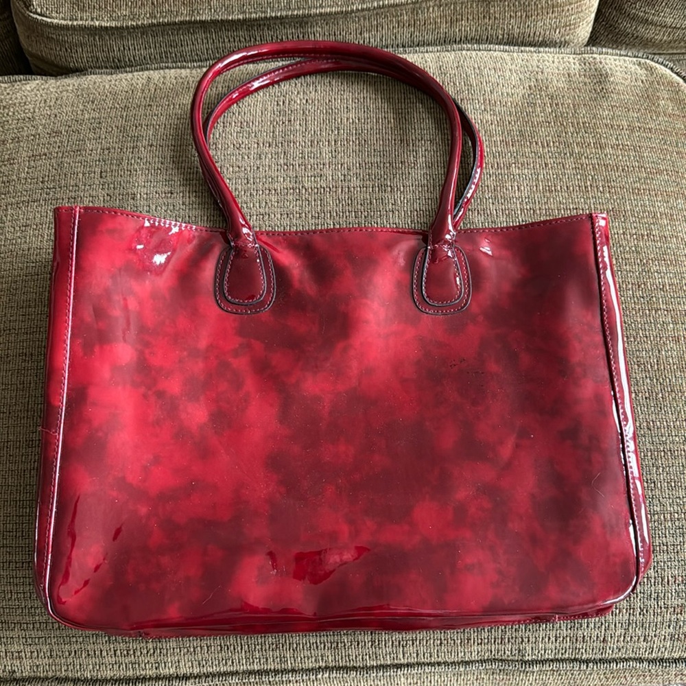 NEW RED TOTE BAG PATENT LOOK DOUBLE HANDLE